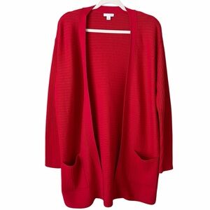 J. Jill | Ribbed Open Front Cardigan Sweater Long Line Pockets Red Small